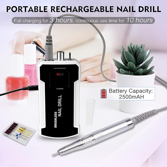 Professional Nail Drill Machine, IMENE 35,000RPM Portable Brushless Nail Drill Rechargeable E-File Nail Drill Perfect for Acrylic, Gel, Natural Nails (Black)
