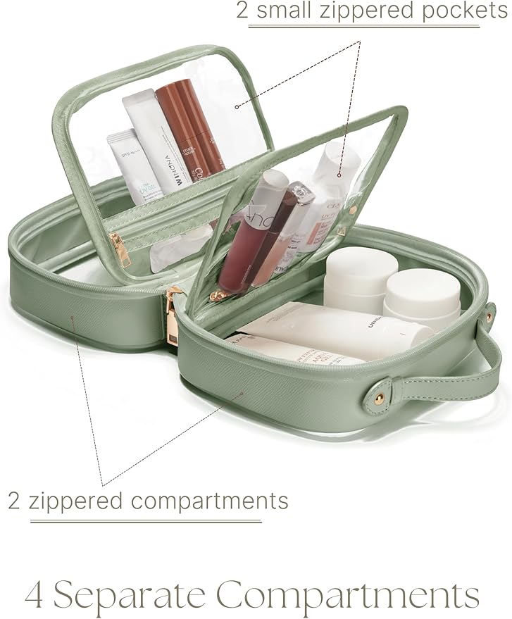 Clear Cosmetic Bag Double Layer 4 Compartments Travel Toiletry Bag Clear Makeup Bag Case with Zipper Transparent Travel Bag for Toiletries, TSA Approved, Gift for Women Girls (Sage Green)
