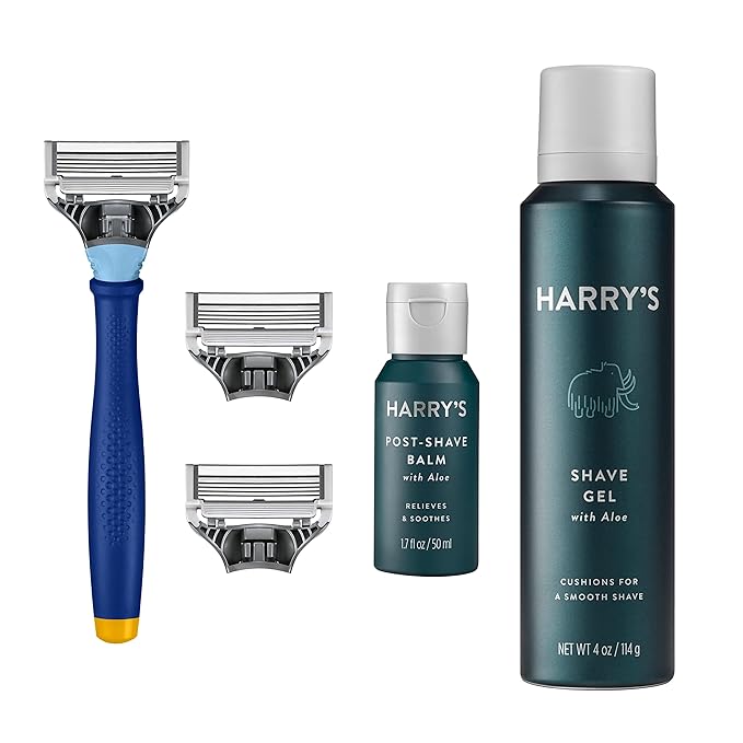 Harry's Holiday Shaving Gift Set for Men - Razor Handle, 3 Razor Blade Refills, Foaming Shave Gel, and Post-Shave Balm - Evening Blue
