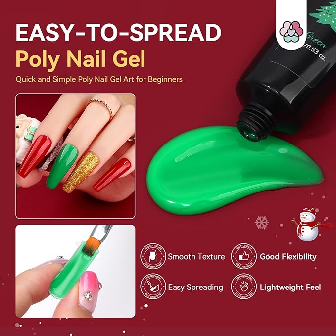 Saviland Christmas Poly Nail Gel Kit with U V Light: 8 Colors Poly Nail Gel Nail Kit Extension Slip Solution Nail Brush UV Nail Lamp Basic Tools Nail Art for Beginners Home DIY Christmas Gift