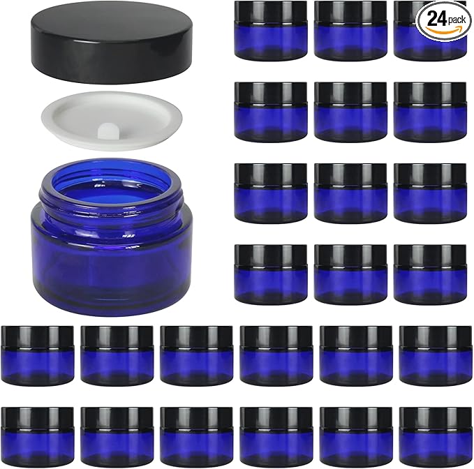 24 Pack 1 oz Round Blue Glass Cosmetic Jars with Inner Liners and Black Lids, Travel Glass Jars, Cosmetic Containers for Lip Balms, Powders, Makeup, Cream, Eyeshadow, Slime, Paint
