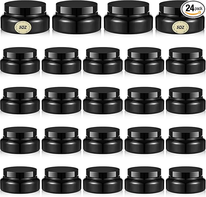 Tessco 24 Pack Plastic Jars with Lids Labels Empty Clear Plastic Jars Round Refillable Cosmetic Containers Body Butter Containers Bulk Sugar Scrub Bottle for Make Up(5 oz,Black)