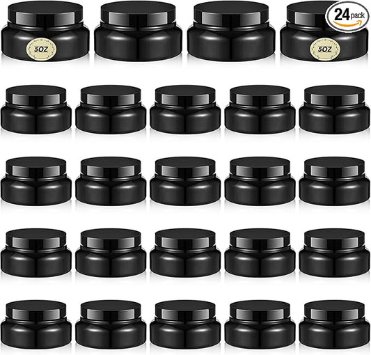 Tessco 24 Pack Plastic Jars with Lids Labels Empty Clear Plastic Jars Round Refillable Cosmetic Containers Body Butter Containers Bulk Sugar Scrub Bottle for Make Up(5 oz,Black)