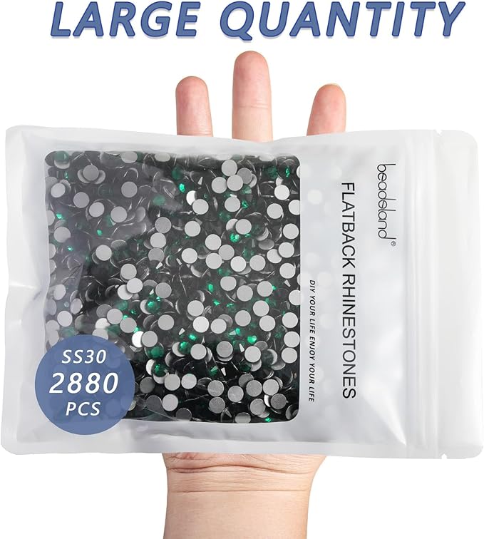 Beadsland Flatback Rhinestones Bulk, 2880pcs Green Rhinestones for Nails Crafts Clothes DIY Decoration, Emerald, SS30, 6.3-6.5mm