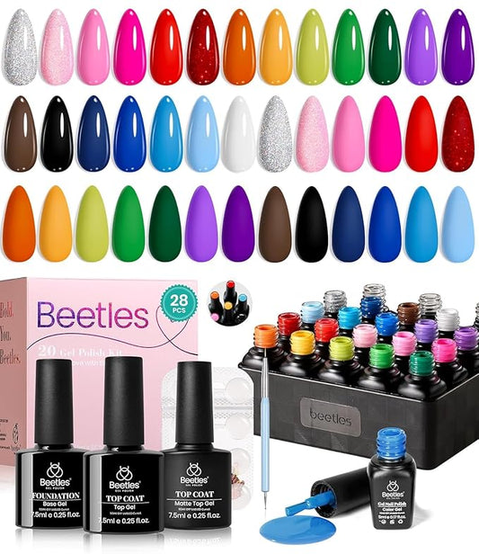 Beetles Summer Gel Polish Set 28Pcs Pink Yellow Green Red Blue Gel Nail Polish Blokecore Collection with Sports Nail Charms Base Top Coat and Double-ended Brush DIY Home Rainbow Nails