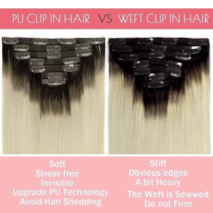 Loxxy Seamless Clip in Hair Extensions Real Human Hair Clip in Extensions Rooted Darkest Brown to Platinum Blonde Ombre 7Pcs 110G 20Inch #R2-60A Invisible PU Skin Weft Natural Remy Human Hair