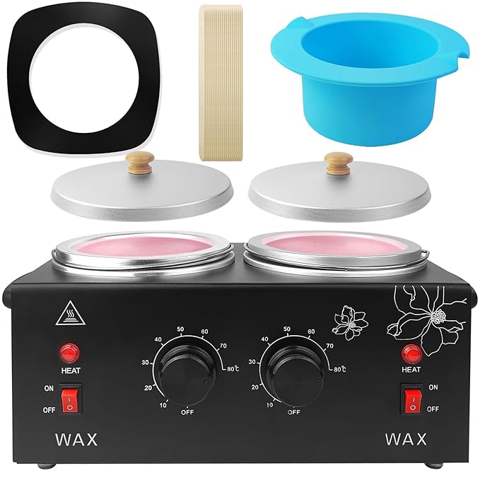 1.2L Double Wax Warmer Machine Wax Pot for Hair Removal, Professional Electric Wax Heater with Adjustable Temperature Set for Women Men with 40PCS Wooden Wax Sticks and Two Silicone Bowls