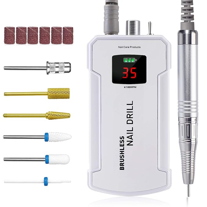 Professional Nail Drill Machine, IMENE 35,000RPM Portable Brushless Nail Drill Rechargeable E-File Nail Drill Perfect for Acrylic, Gel, Natural Nails（White）
