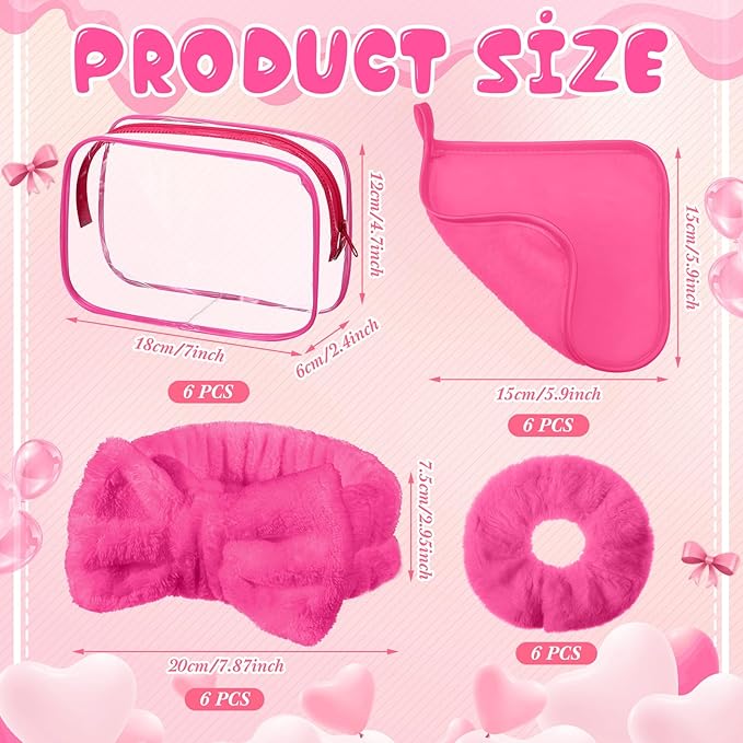 24 Pieces Sleepover Party Supplies Spa Party Favors 6 Spa Headband 6 Velvet Scrunchies 6 Makeup Remover Cloth 6 Clear Cosmetic Bags for Slumber Gift(Rose Red)