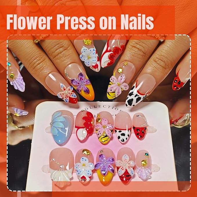 Handmade Acrylic Press On Nails Almond, 3D Press On Nails Medium, Flower 3D Red Nails French Tip Preal Shell Leopard For Women Gift, Reusable Stick On Fake Nails Kit With Nail Glue(Lush Garden-S)