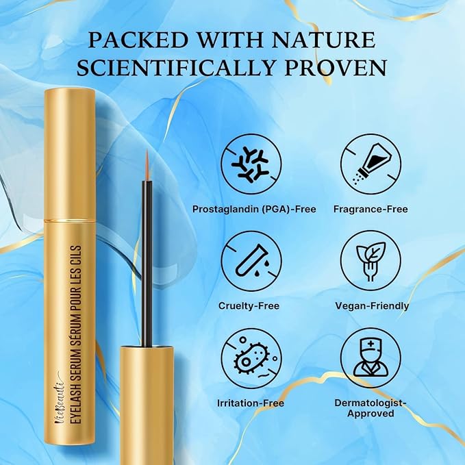 VieBeauti Premium Eyelash Growth Serum: 5mL 5-Month Supply Lash Enhancing Serum with Advanced Formula to Boost Longer Fuller and Thicker Looking Lashes - Vegan & Cruelty-Free for Sensitive Eyes