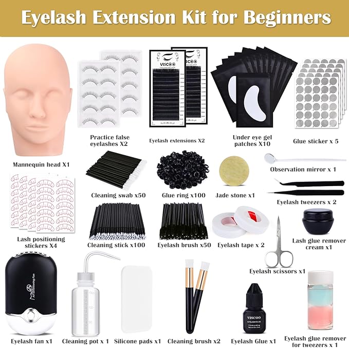 Eyelash Extension Kit for Beginners, Lash Extension Kit Professional with Lash Mannequin Head, Lash Beginner Starter Kit with Lash Fan, Extension Glue and Eyelash Remover for Lash Training