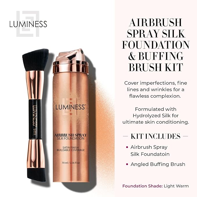 LUMINESS Silk Airbrush Spray Foundation & Buffing Brush Kit – Full Coverage Foundation & Dual-Sided Buffing Brush - Buildable Coverage, Anti-Aging Formula Hydrates & Moisturizes (Shade - Light Warm)