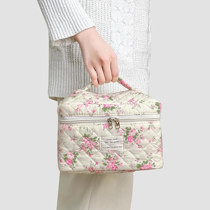 3Pcs Cotton Quilted Makeup Bag for Women Girls, Large Floral Cosmetic Bag Set Cute Makeup Brushes Aesthetic Accessories Storage Bag Pink Flower Travel Toiletry Bag Organizer