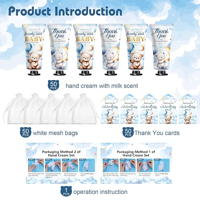 50 Pack Baby Shower Bulk Hand Cream Gifts Sets, Bridal Shower Favors and Baby Shower Favors for Guests with Thank You Card and Organza Gift Bags, Appreciation Gifts and Wedding Shower Favors (Bear)