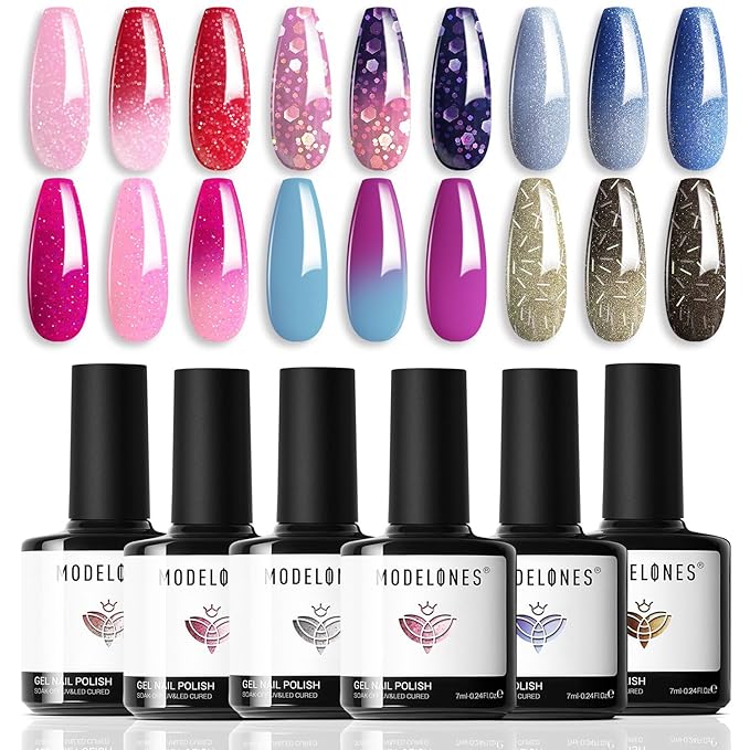 MODELONES Mood Gel Nail Polish Set Temperature Color Changing Gel Colors Collection Red Blue Glitter Gel Polish Soak Off 6 Colors Christmas Gifts New Year Holiday Salon DIY at Home