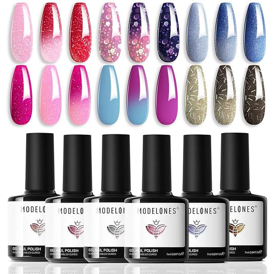 MODELONES Mood Gel Nail Polish Set Temperature Color Changing Gel Colors Collection Red Blue Glitter Gel Polish Soak Off 6 Colors Christmas Gifts New Year Holiday Salon DIY at Home