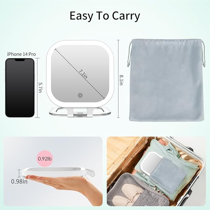 FASCINATE 10X Magnification Rechargeable Travel Makeup Mirror, Lighted Portable Vanity Mirror with 3 Colors Lighting & Stepless Dimming, Double Sided LED Mirror, Gift for Women (White+Bag)