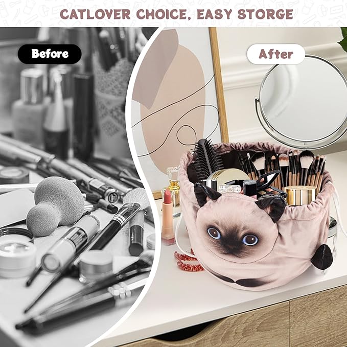 Drawstring Makeup Bag, Cat Makeup Bag, Travel Makeup Organizer, Cosmetic Pouch Bag, Cat Gift for Women, Lay Flat Makeup Bag Gifts for Cat Lovers