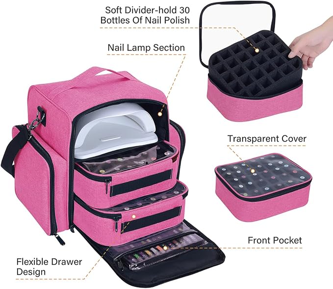 Nail Polish Organizer Case Holds 60 Bottles Portable Travel Storage Box with 2 Detachable Bags, Designed for Women's Nail Tools, Essential Oils and Cosmetics Sets Rose Red