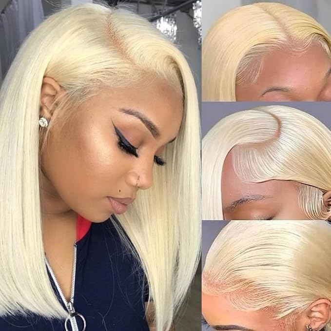 613 Blonde Bob Wig Human Hair 13X4 HD Transparent 613 Lace Front Wig Human Hair for Women 180% Density Frontal Wigs Pre Plucked with Baby Hair Glueless Straight 613 Bob Wigs 16 inch
