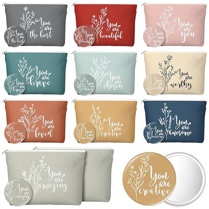 20 Pcs Employee Appreciation Gifts 10 Inspirational Canvas Makeup Bags 10 Compact Mirrors Bulk Cosmetic Bags Round Portable Pocket Mirror Thank You Gifts for Women (Bohemian)