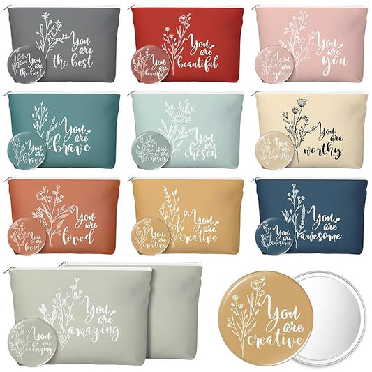 20 Pcs Employee Appreciation Gifts 10 Inspirational Canvas Makeup Bags 10 Compact Mirrors Bulk Cosmetic Bags Round Portable Pocket Mirror Thank You Gifts for Women (Bohemian)