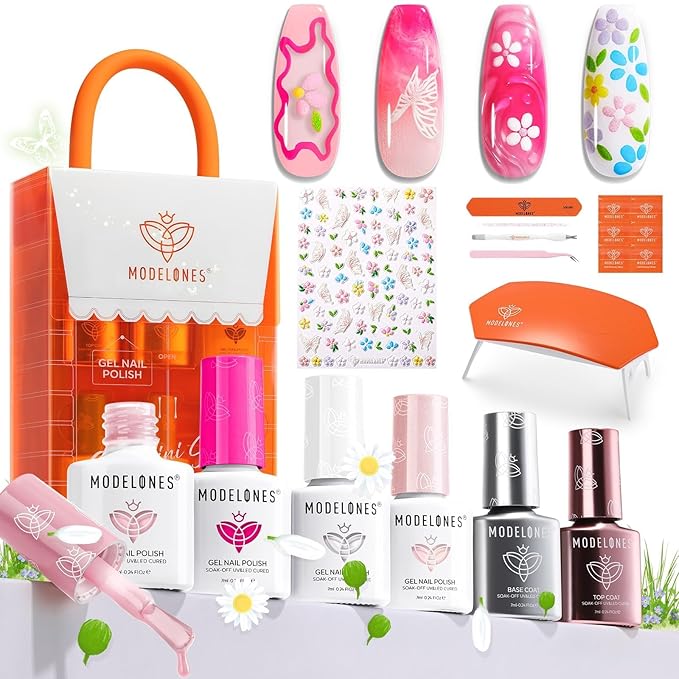Modelones Summer Gel Nail Polish Kit with U V Light, White Jelly Glitter Hot Pink Neon Pastel Manicure Set, Base Top Coat Flower Stickers 4 Colors Gel Mini Salon Spring Nail Art Starter Gift for Women