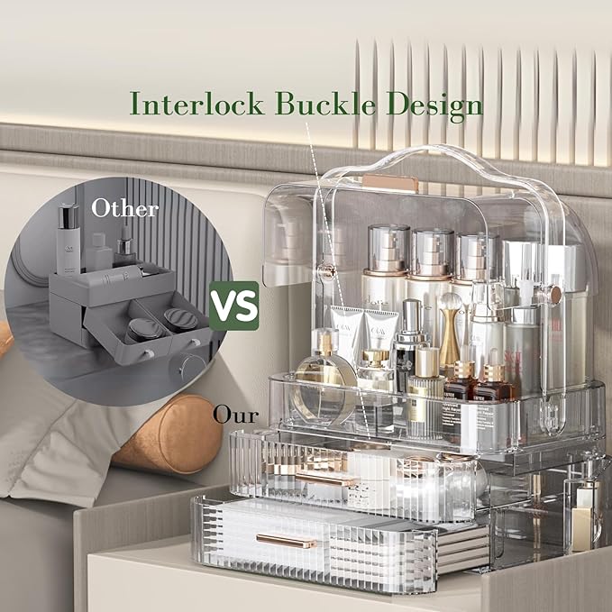 LINFIDITE Cosmetics Storage Box Transparent Lid Large Makeup Organizer Box Drawers Portable Handle Waterproof Dustproof Skincare Display Cases for Countertop, Bathroom, Dresser,Gift Clear