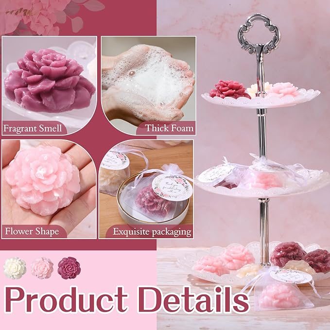 Demissle 24 Set Flower Mini Soaps for Guests Flower Soap Wedding Handmade Gift Favors Fancy Decorative with Thank You Tags for Wedding Bridal Guest Gift Party Favor(Rose)