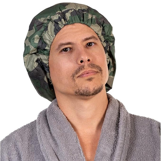 Green Camouflage Men Shower Cap For dreadlocks, braids, curls, locs, curly hair. Waterproof, Reusable, Large shower cap for mens hair. Terry cloth lined, elevated, sleek looking shower caps
