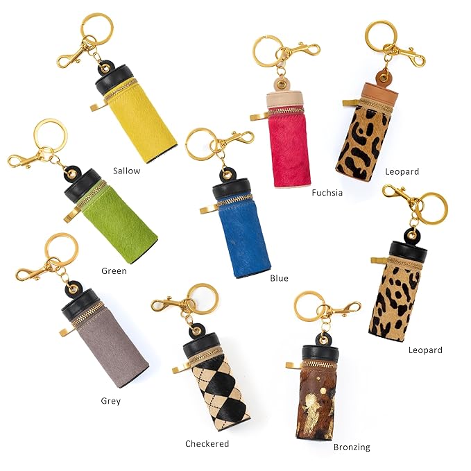 Cackatoo Genuine Leather Horsehair Lipstick Case with Keychain - Portable Travel Organizer for Lipstick and Chapstick - Stylish Key Chain Accessory for Women (Grey/Black)