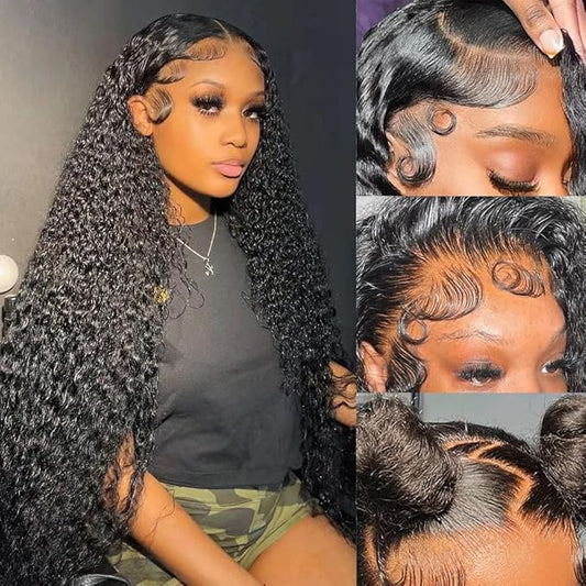 30 Inch Deep Wave Lace Front Wigs Human Hair Pre Plucked 13x6 Curly HD Transparent Lace Front Wig Human Hair for Black Women 180% Density Wet and Wavy Glueless Frontal Wigs