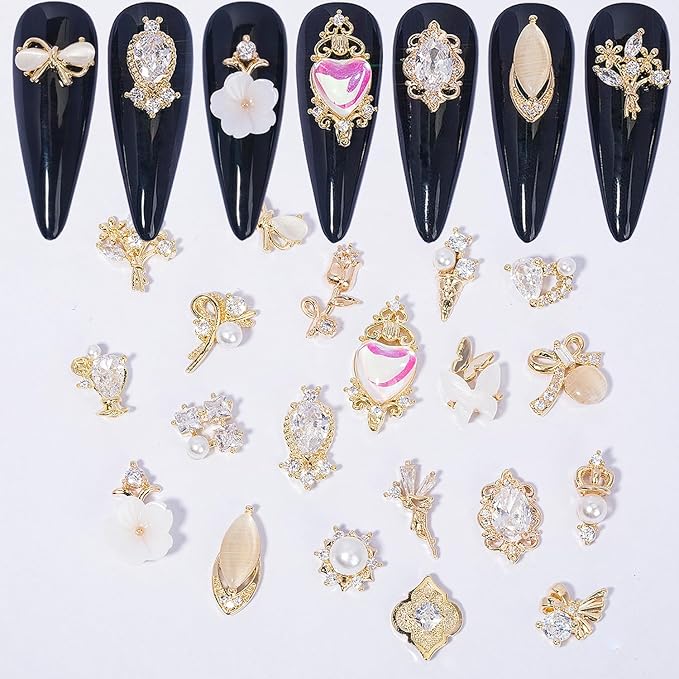 HNUIX Nail Charms and Gems - Gold Copper Zircon, Multiple Shapes 3D Dangle, Metal Jewelry Rhinestones for Nails (19pieces B Set)