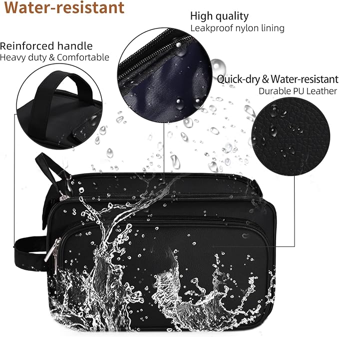 Buruis Extra Large Toiletry Bag for Men, Travel Toiletry Organizer Dopp Kit Water-resistant Shaving Bags, PU Leather Cosmetic Bathroom Shower Bag for Toiletries, Grooming, Accessories (Black)