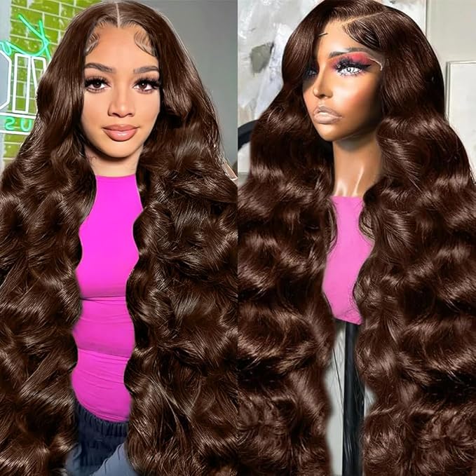 24 Inch Chocolate Brown 13x6 Body Wave Lace Front Wigs Human Hair Pre Plucked 200% Density HD Lace Frontal Wigs with Baby Hair 4# Colored Wigs for Women