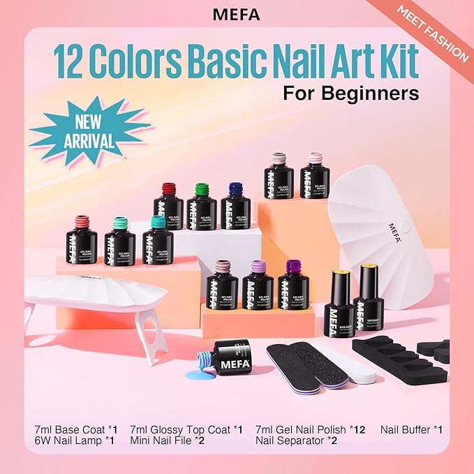 MEFA 19 Pcs Gel Nail Polish Kit with U V Light, 12 Colors All Seasons Soak Off Gel Polish Nail Set with Base Top Coat Essential Manicure Tools Beginners Salon Nails Art