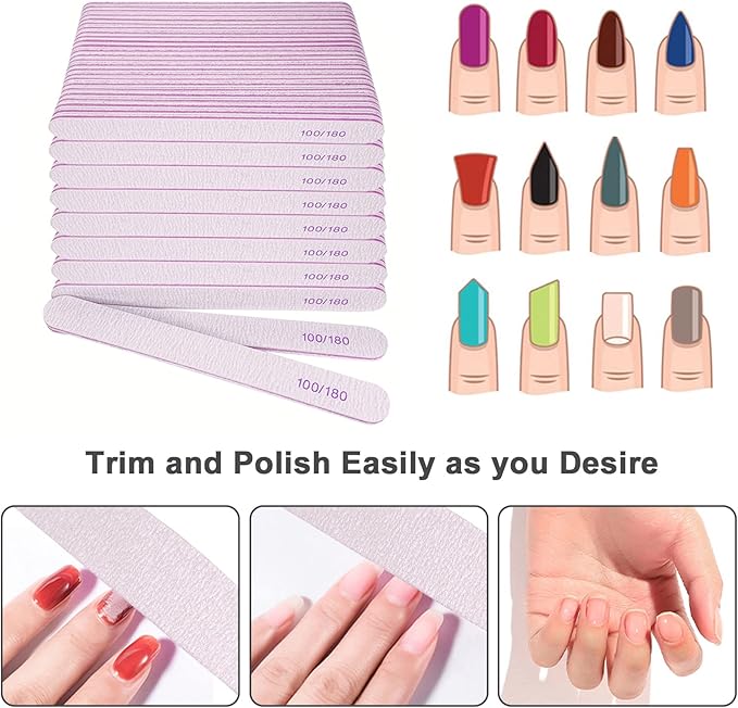 Nail File (200 Pcs), Bulk Emery Board Nail Files for Acrylic Nails and Natural Nails, 100/180 Grit Double Sided Emory Boards for Gel Nail Professional Reusable Washable Manicure Pedicure Kit Set Gray