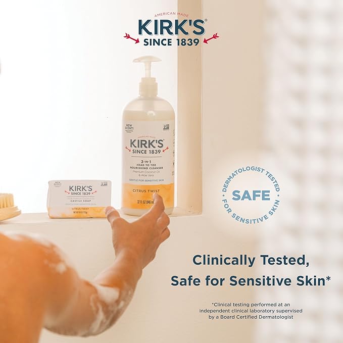 Kirk's 3-in-1 Head to Toe Nourishing Liquid Cleanser- for Men, Women & Children - Premium Coconut Oil & Aloe Vera- Non GMO & Vegan - Citrus Twist - 32 Fl Oz. - 2 Pack