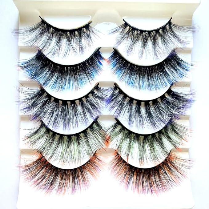 Ombre Colored Silk Protein Fluffy Wispy Volume False Eyelashes for Halloweens, Cosplay, Party & Stage - 5 Pairs (Black, 5 Count)