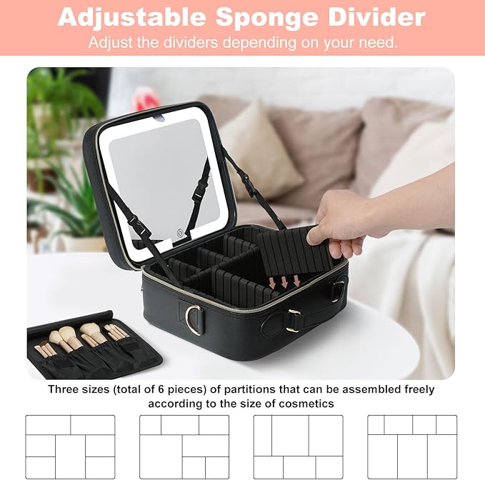 Mocado Travel Makeup Bag with LED Lighted Mirror,Travel Makeup Organizer,Makeup Case with 3 Color Lighted Setting and 10x Magnifying Mirror,Portable Storage and Adjustable Dividers Makeup Box(Black)