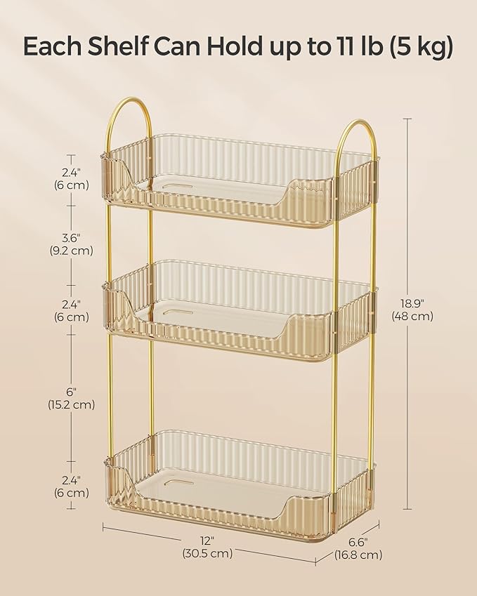 SONGMICS Makeup Organizer, 3-Tier Skincare Organizer Countertop, Customizable, 2 Types of Accessories, Jewelry Holder, for Vanity, Bedroom, Bathroom, Champagne Gold UJKA013A01