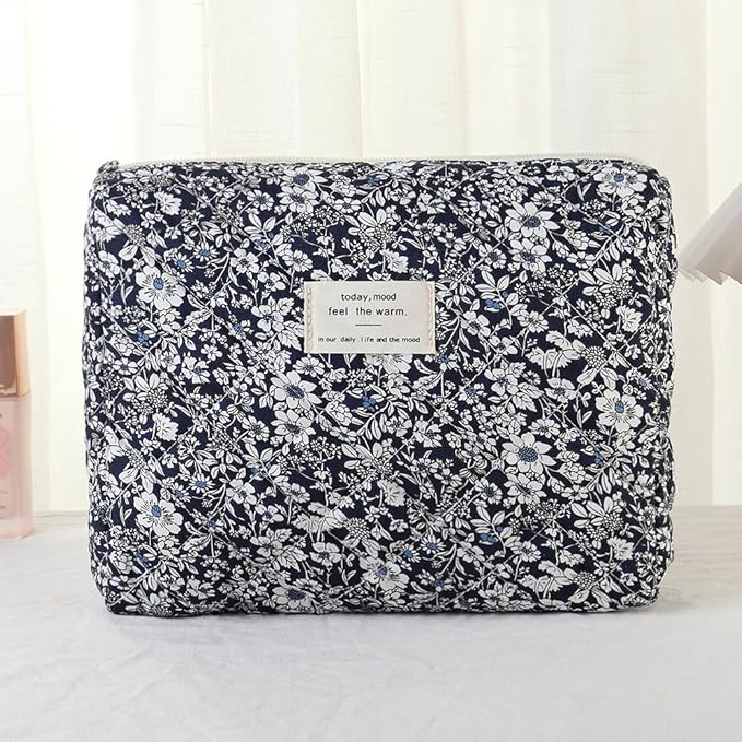 Makeup Bag, 3 PCS Quilted Makeup Bag, Cute Floral Cotton Cosmetic Bag set, Coquette Makeup Pouch Large Travel Toiletry Bag