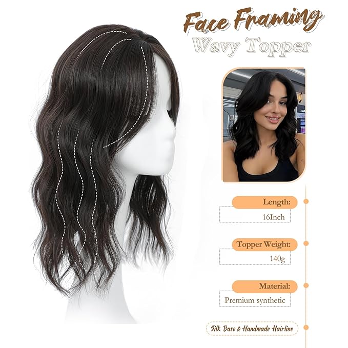 PANEWAY Hair Topper 16Inch Hair Toppers For Women Wavy Curly Dark Brown Clip In Synthetic Wiglets Pieces For Women