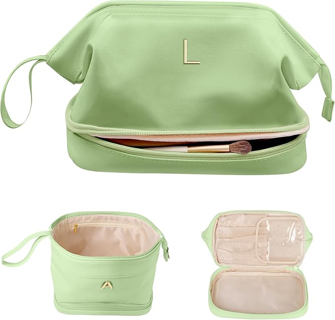 Gifts for Graduates, Initial Large Makeup Bag, Bride To Be Gifts, Double Layer Cosmetic Bag, Waterproof PU Travel Toiletry Bag for Bachelorette Party Women Wedding Bridal, Bride Gifts