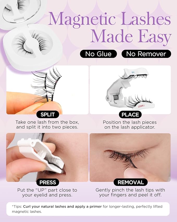 BEYELIAN Magnetic Eyelashes, Soft Natural Look Magnetic Lashes Kit, Magnets False Eyelashes with Applicator Reusable No Glue Needed Eyelashes Kit Easy to Wear and Remove (1 Pair,SME011)