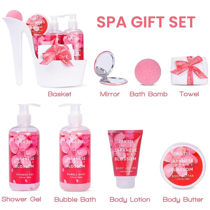 Draizee Mothers Day Gifts for Mom - Spa Gift Baskets for Women - 8 Pcs Luxury Cherry Blossom Scented Heel Shoe Design Bath and Body Spa Set-Self Care Package for Women, Presents for Mom, Body Care Set