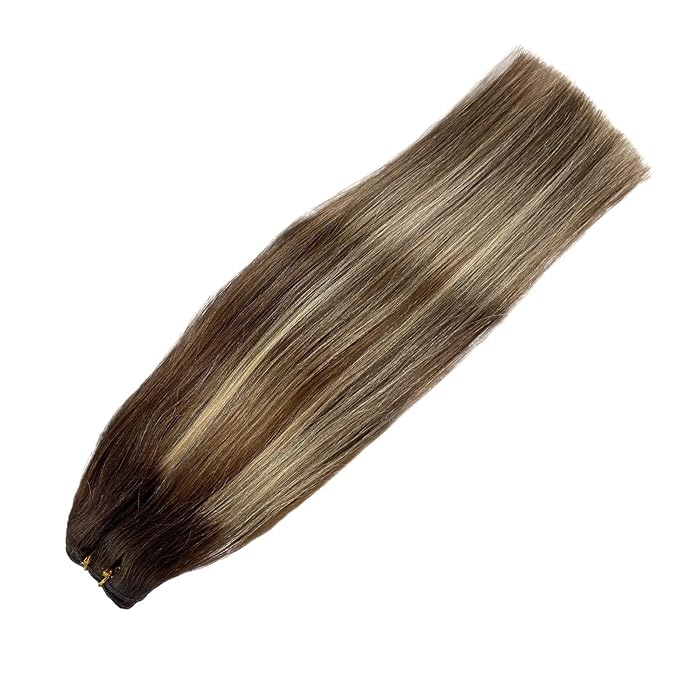 Sew in Hair Extensions Real Human Hair, 20 Inch Weft Hair Extensions Human Hair 100G Ombre Brown Balayage Caramel Blonde Hand-Tied Weft Hair Extensions Weave Bundles Human Hair Extensions for Women