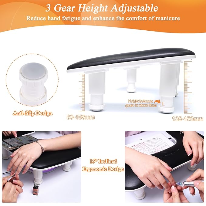Arm Rest for Nails Tech, 3 Height Adjustatle Nail Arm Rest Stand, U Shaped Manicure Hand Rest, Soft PU Leather Fabric for Manicurists Nail Salon Supplies - Black