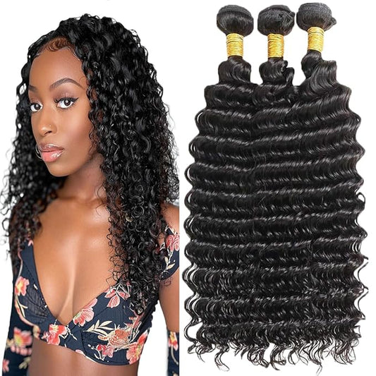 Deep Wave Bundles Natural Color Loose Deep Water Wave Human Hair Bundles Double Weft Brazilian Human Hair Weave Extensions Soft and Silky for Women 24 26 28 Inch